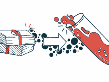 An arrow points from a pile of money to a test tube containing a red liquid, to illustrate research funding.