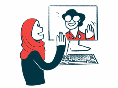 A patient and a clinician wave to each other during an online session.