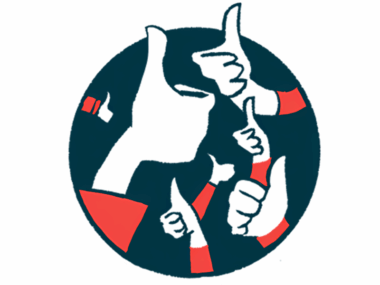 A group of hands within a black circle give the thumb's-up sign.