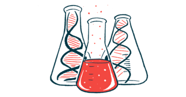 Three beakers are shown, two of them containing strands of DNA.