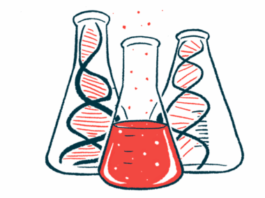 Three beakers are shown, two of them containing strands of DNA.