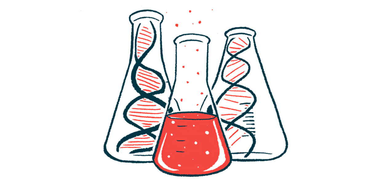 Three beakers are shown, two of them containing strands of DNA.
