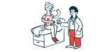 Illustration of a healthcare provider handing medication to a patient seated on an exam table.