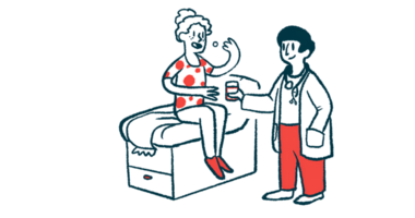 Illustration of a healthcare provider handing medication to a patient seated on an exam table.