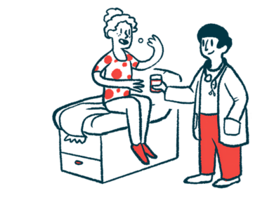 Illustration of a healthcare provider handing medication to a patient seated on an exam table.
