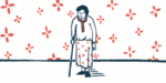 An older woman leans on a cane.