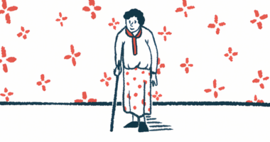 An older woman leans on a cane.