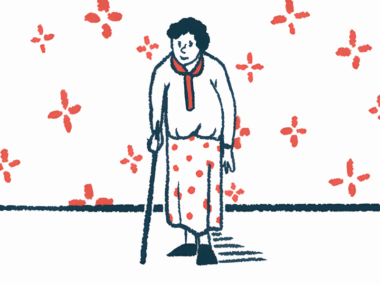 An older woman leans on a cane.