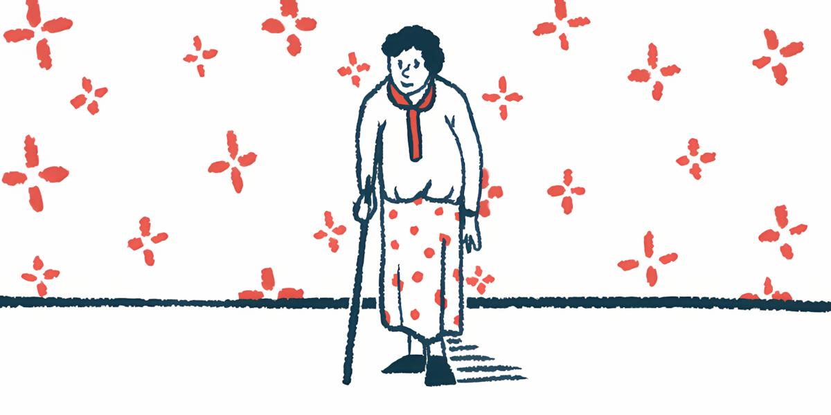 An older woman leans on a cane.