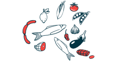 An illustration shows a range of healthy foods, including fish and vegetables.