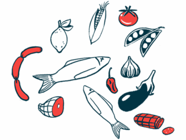 An illustration shows a range of healthy foods, including fish and vegetables.