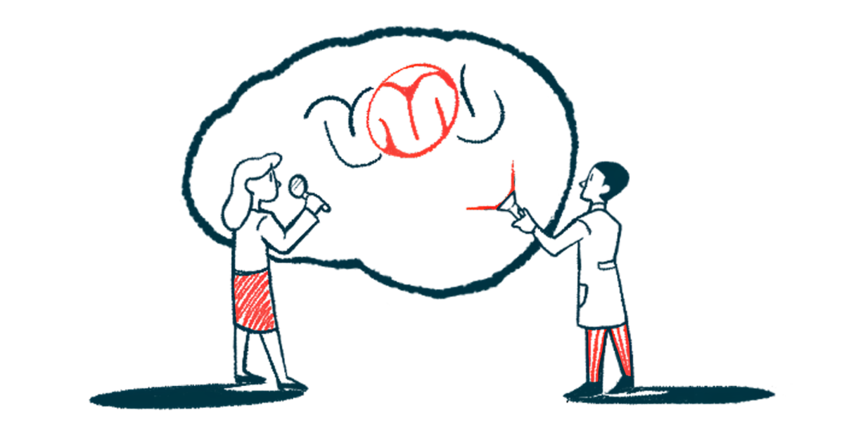 Two people, one holding a flashlight and the other a magnifying glass, inspect a giant brain.