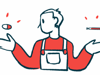 A person is shown choosing between two medications: a pill levitating over one hand and a syringe balanced over the other.