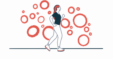 A woman is shown walking briskly.