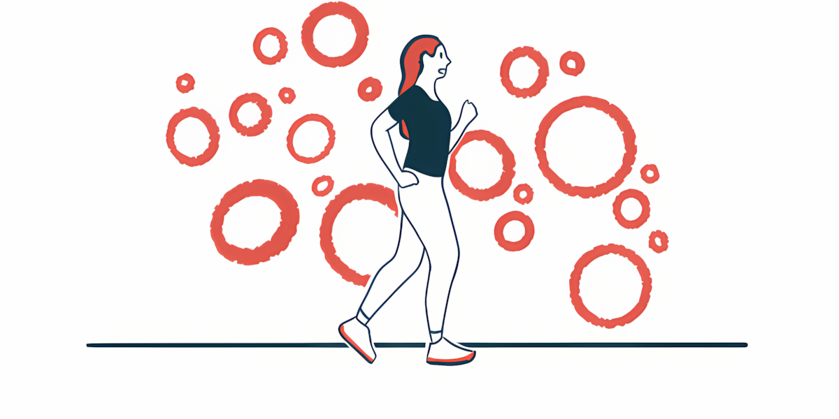 A woman is shown walking briskly.
