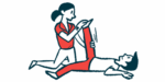 A physical therapist kneels while raising the leg of a patient who is lying on their back.