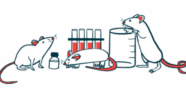 A trio of mice are pictured crawling around a beaker and test tubes in a lab.
