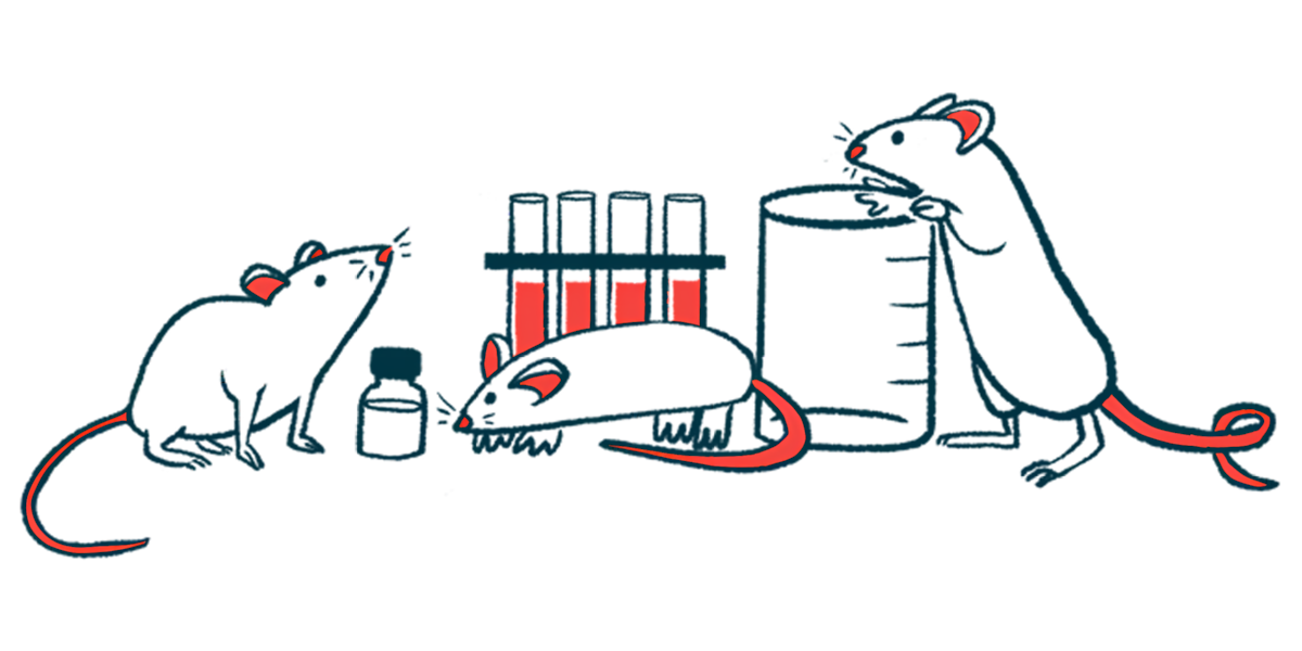 A trio of mice are pictured crawling around a beaker and test tubes in a lab.