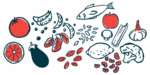 An illustration shows some components for a varied diet, including fruits, nuts, and fish.