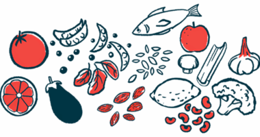 An illustration shows some components for a varied diet, including fruits, nuts, and fish.