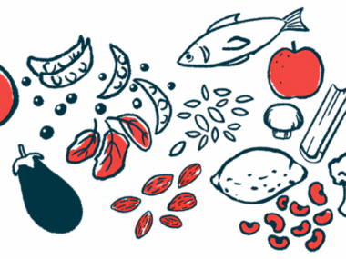 An illustration shows some components for a varied diet, including fruits, nuts, and fish.