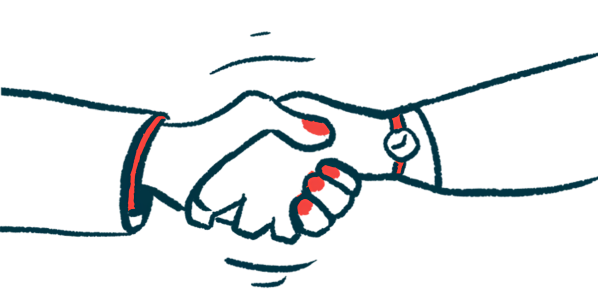 Two hands are clasped in a handshake.