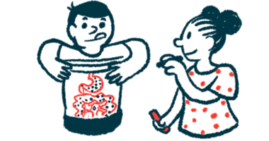Illustration of a man showing his digestive system as a woman holds a stethoscope. Gut bacteria are highlighted.