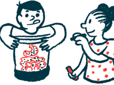 Illustration of a man showing his digestive system as a woman holds a stethoscope. Gut bacteria are highlighted.