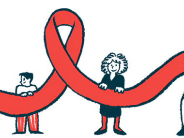 An illustration of people holding a ribbon.