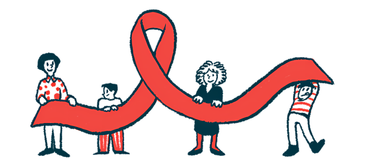 An illustration of people holding a ribbon.
