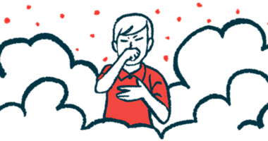 A person coughs, surrounded by clouds and particles.