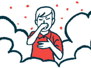 A person coughs, surrounded by clouds and particles.