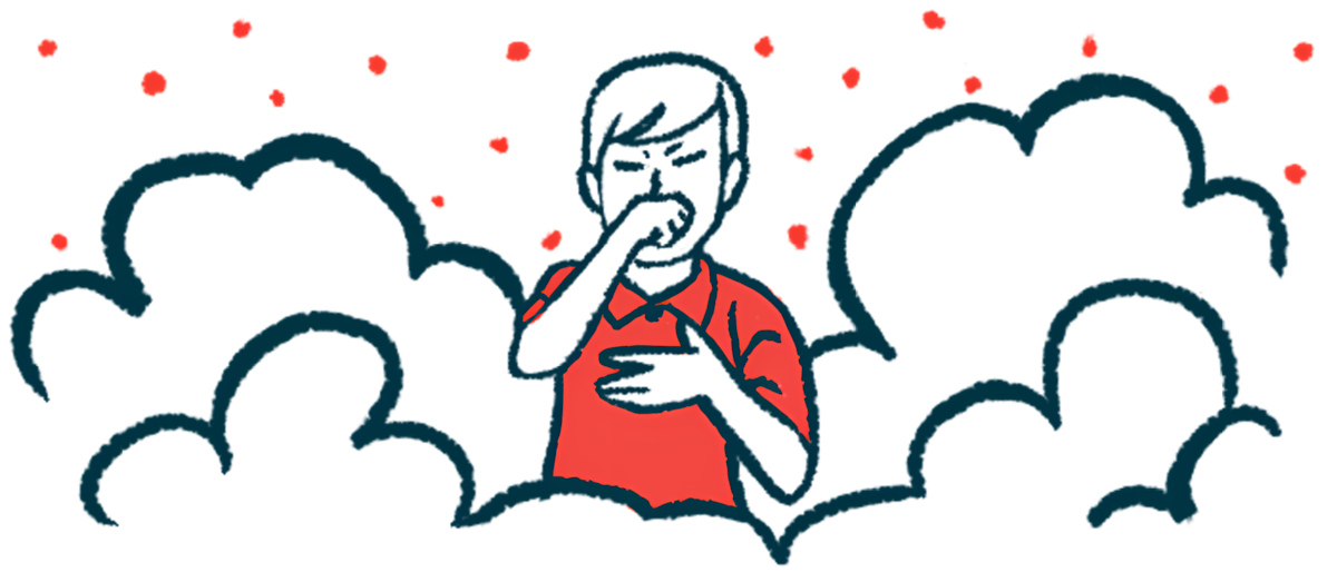 A person coughs, surrounded by clouds and particles.