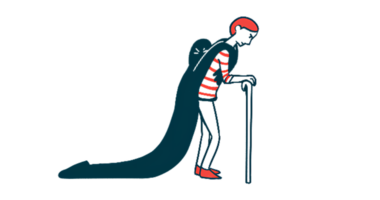 In this illustration of fatigue, a person walks using a cane, with a phantom-like figure in black hanging on to their shoulders and impeding their progress.