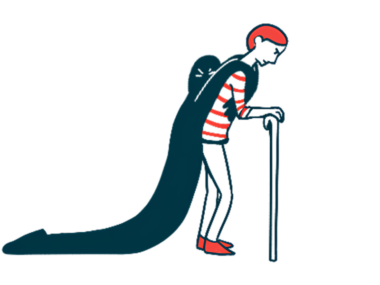 In this illustration of fatigue, a person walks using a cane, with a phantom-like figure in black hanging on to their shoulders and impeding their progress.