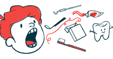 An illustration of a boy with his mouth open as a toothbrush, floss and other mouth care necessities are shown.