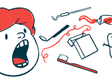 An illustration of a boy with his mouth open as a toothbrush, floss and other mouth care necessities are shown.