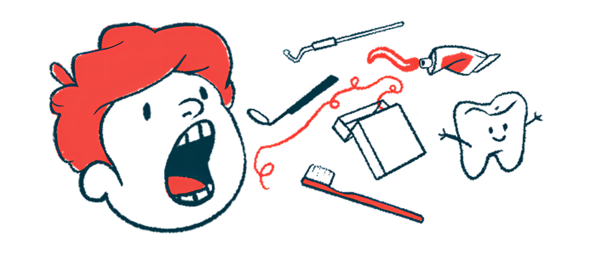An illustration of a boy with his mouth open as a toothbrush, floss and other mouth care necessities are shown.