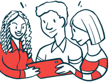 Three people, a man and two women, stare at a tablet perhaps playing a video game.