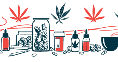 A vareity of medical marijuana product are shown with five leaves floating above them.