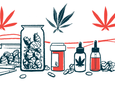 A vareity of medical marijuana product are shown with five leaves floating above them.