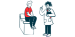 A person sits on an exam table listening to a doctor speak.