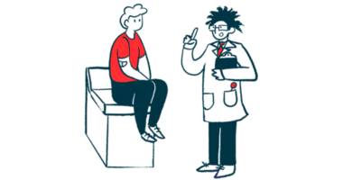 A person sits on an exam table listening to a doctor speak.