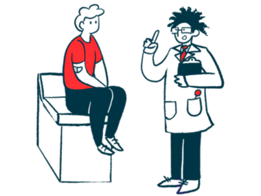 A person sits on an exam table listening to a doctor speak.