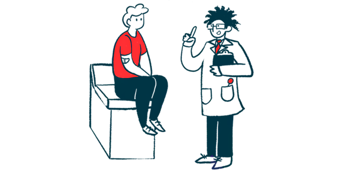 A person sits on an exam table listening to a doctor speak.